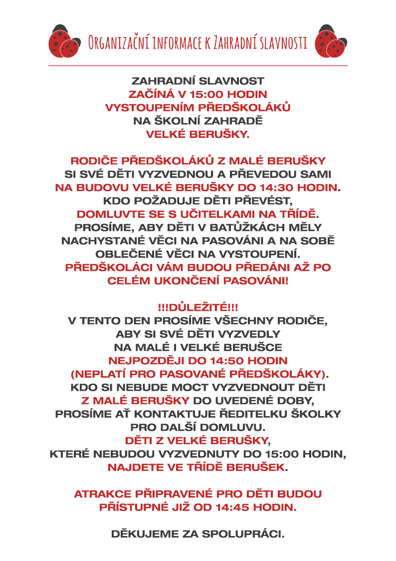 Organizační informace k Zahradní slavnosti