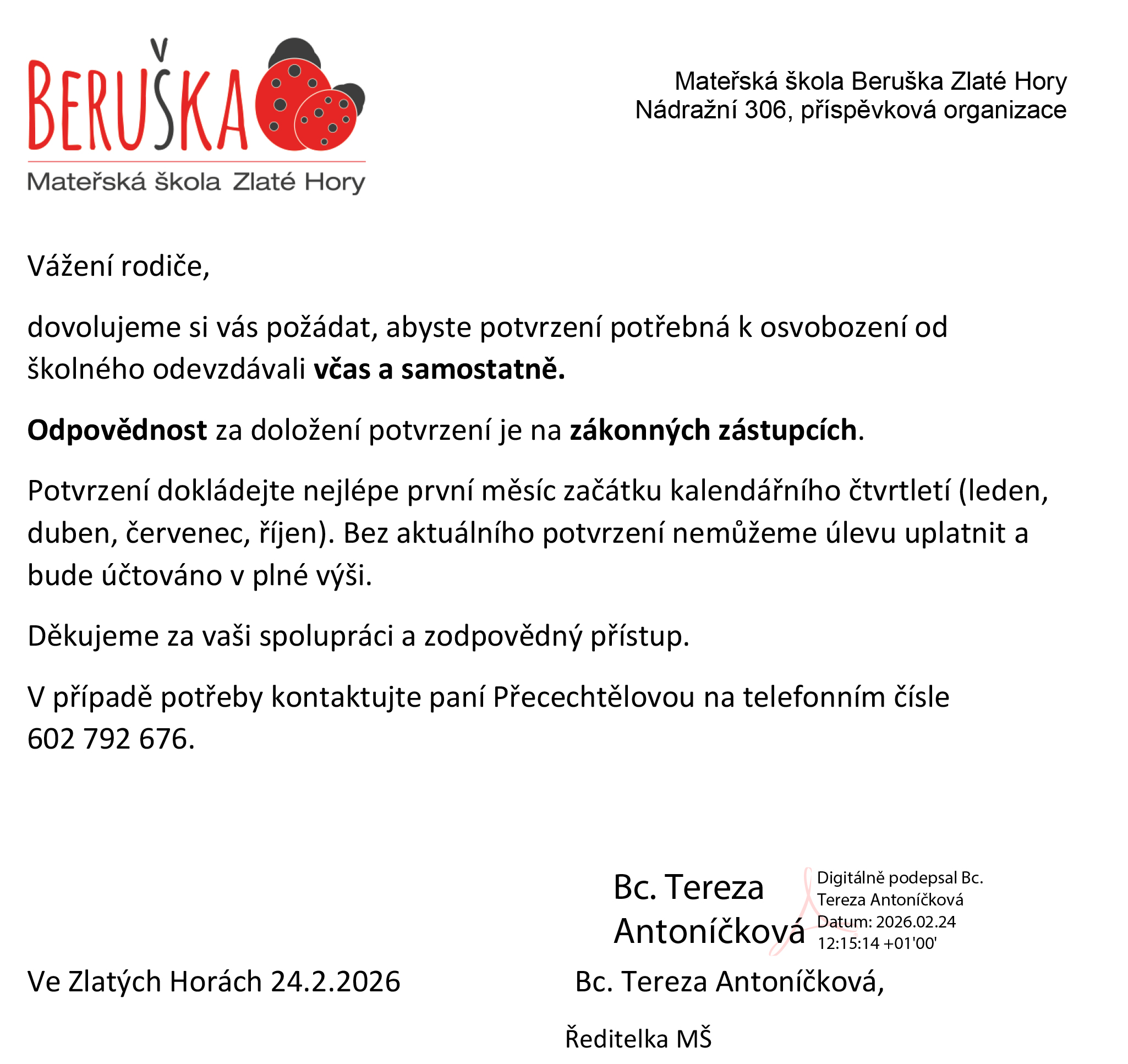 Osvobození od školného - upozornění